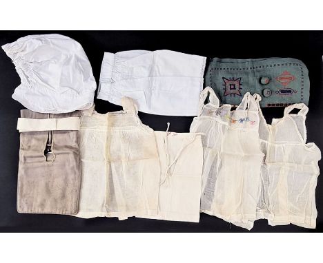 Various vintage lace pieces and trimmings, white collars, linen bags, muslin embroidered doll's clothes, two cotton and one l