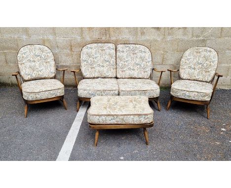 Mid-century Ercol sofa suite, pattern 203, comprising a two-seat sofa, 78cm high x 135cm wide x 78cm deep, a pair of armchair