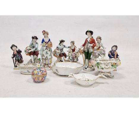 Seven continental porcelain figures&nbsp;to include Sitzendorf, two Dresden trinket dishes (one damaged), a&nbsp;Herend retic