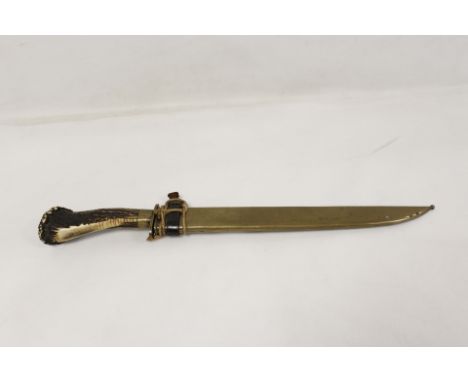 German steel hunting knife with antler handle in brass scabbard. 28cm blade.Condition repot:No visible makers marks. 