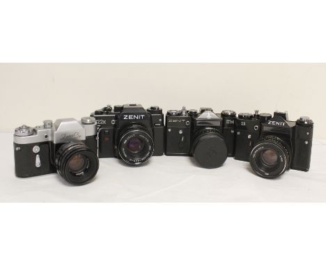 Four vintage Zenit cameras to include EM Olympic edition with Helios-44M F2 58mm M42 lens and a Zenit 3M fitted with similar 