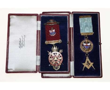 9ct gold and enamelled Harmony Masonic Lodge No63 Masonic medal inscribed verso "Presented to W Bro J Scott PM by the Members