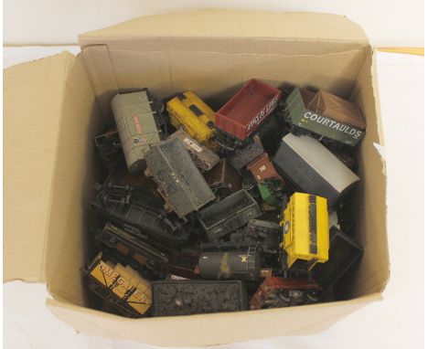 Large collection of vintage model railway rolling stock carriages. Mostly industrial and commercial themed. All play worn wit