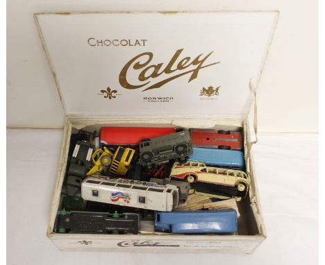 Box of vintage child's toy cars and other vehicles, to include Dinky toys and Lesney. All play worn condition. 