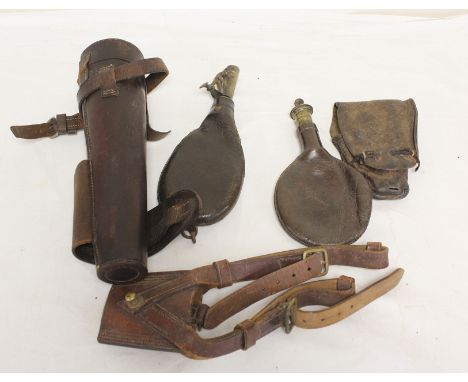 Two leather powder flasks with brass spouts, riding flask holder etc. (5). 