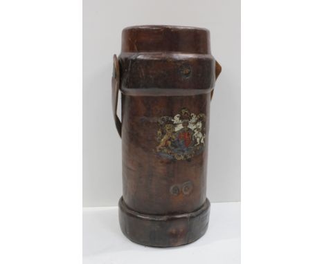 Antique leather fire bucket with British coat of arms and motto DIEU ET MON DROIT stamped to underside "No56 VI R (arrow up) 