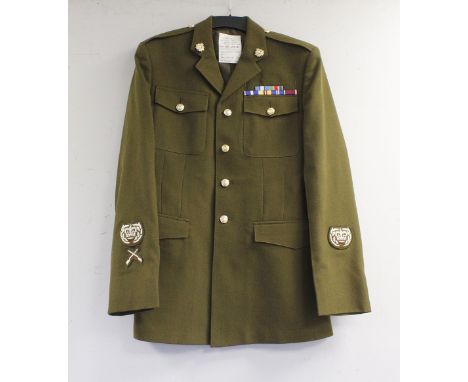 British Army dress uniform jacket having label penned "S/Sjt Cairns", staybrite buttons by Firmin, "We Sustain" (Army Caterin