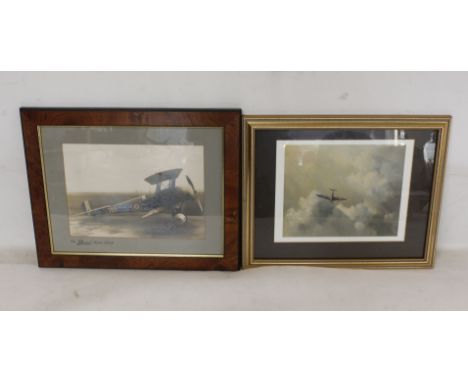 Framed photograph of a Bristol Scout airplane dated 1914 . Also a print by David Shephard of a Spitfire in flight dated 1956.