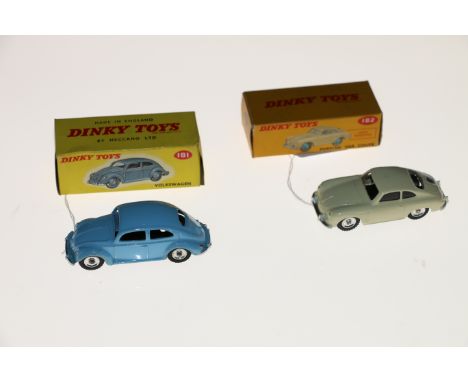 Two&nbsp;Dinky Toys diecast model vehicles; 181 Volkswagen saloon car with light blue body and spun hubs and 182 Porsche 356A