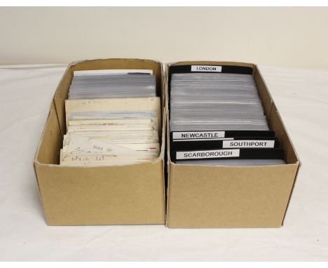 Two boxes of vintage and antique postcards depicting rural scenes and views of London.