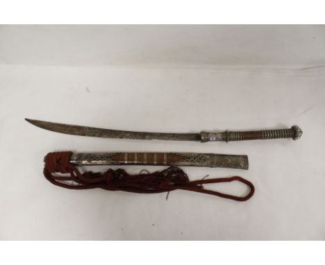 Antique Burmese Dha sword with hallmarked silver and rosewood scabbard. Intricate wire wrapped ringed columnar handle termina