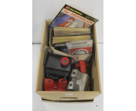 5 GAF handheld viewmaster slide viewers, also slides including Tarzan, Pinocchio, Alice and Wonderland, Robin Hood, Mickey Mo