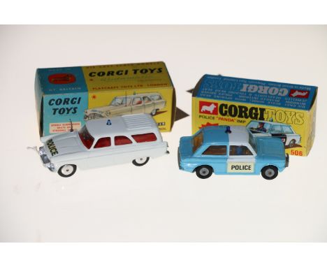 Two Corgi Toys diecast model vehicles 419 Ford Zephyr Motorway Patrol and 506 Sunbeam Police Panda Imp with light blue and wh