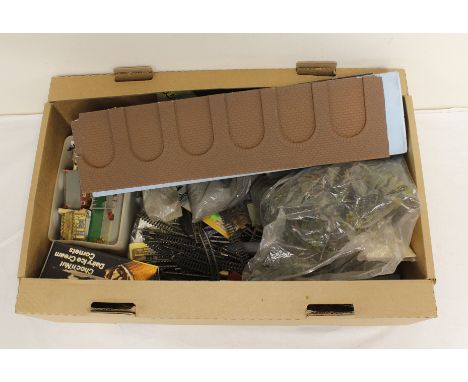Large box of vintage model railway architecture, track and vegetation. 