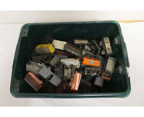 Large collection of vintage model railway rolling stock carriages. Mostly industrial and commercial themed. All play worn wit