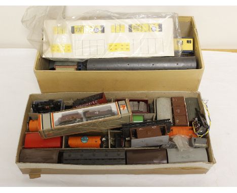 Two boxes of vintage model railway rolling stock mostly commercial and industrial. A.F 