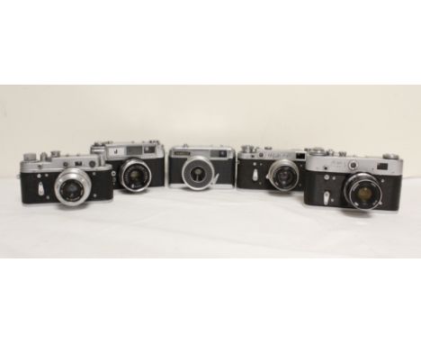 Five vintage cameras to include a Russian Fed 3 with 53mm F2.8 lens and a Japanese Yashika J camera with a Yashinon F2.8 lens