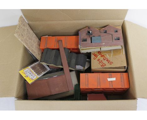 Large box of vintage model railway landscape scenery to include buildings and fauna and street furniture. 