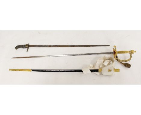 Two rapier type swords one gilded ceremonial wire wrapped handled sword in black leather scabbard measuring 72cm. The other a
