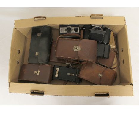 Box of vintage plate cameras etc. to include Agifold Agilux F4.5, No.1 pocket Kodak and Nettar folding camera with a Zeiss Ik