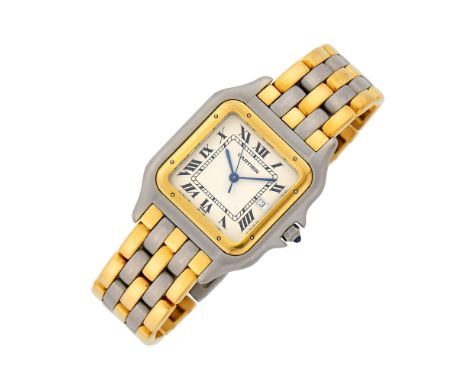 Quartz, square silver-tone dial, black Roman numerals, sweep seconds, date aperture, minute indicators, round cabochon blue s