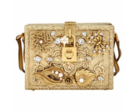 Scrolled motif with applied flowers accented with imitation pearls and rhinestones, dual gold leather handles, gold-tone hard
