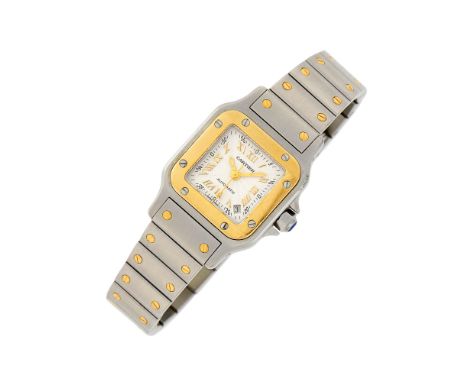 Automatic, square silver-tone guilloché dial, gold-tone Roman numerals, luminous hands, date aperture at 4:30, sweep seconds,