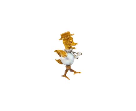 18 kt. yellow and white gold, one pearl ap. 9.7 mm., 2 small pearls strung on chain, small single-cut diamonds, with Italian 