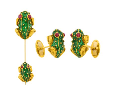 18 kt., 8 round cabochon ruby eyes, jabot signed Hidalgo, cufflinks unsigned, ap. 24.8 dwts. Enamel in good condition.Cufflin