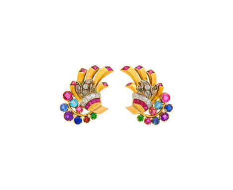 16 round and cushion-shaped rubies, pink sapphire, sapphires, amethysts, green garnets, aquamarine and blue zircon, 16 square