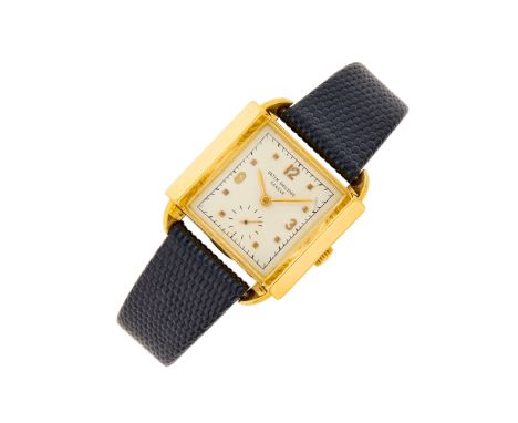 18 kt., mechanical, square silver-tone dial, gold-tone Arabic numerals and square markers, subsidiary seconds, calibrated min