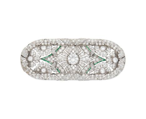 One old European-cut diamond ap. 1.00 ct., 6 round and 268 single-cut diamonds ap. 6.65 cts., calibré-cut simulated emeralds,
