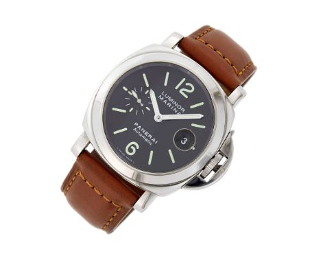 Automatic, round black dial, luminous Arabic numerals at the half hours and bar markers, subsidiary seconds at 9:00, date ape
