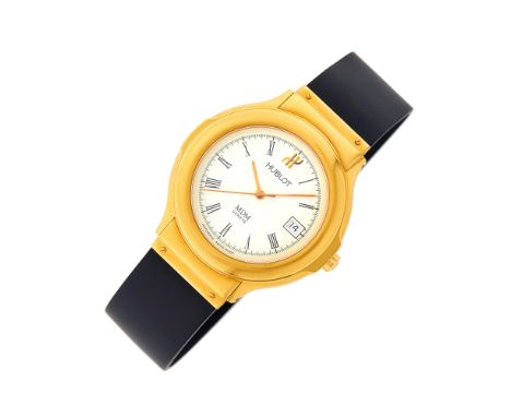 18 kt., automatic, round off-white dial black Roman numerals, sweep seconds, date aperture, minute indicators, exhibition bac