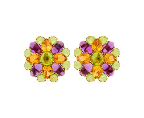 18 kt., 18 round and oval cabochon peridots, 8 oval cabochon amethysts, 8 pear-shaped citrines, ap. 16.4 dwts. Colored stones