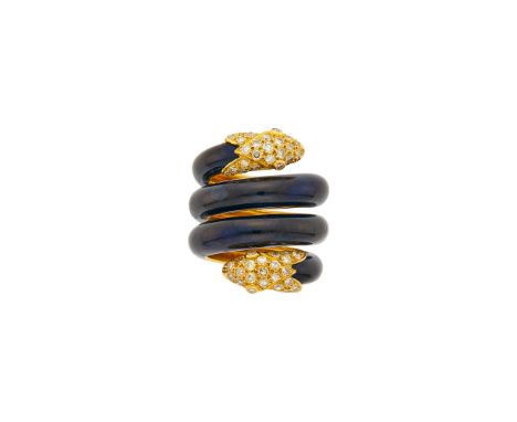 18 kt., 50 single-cut diamonds ap. 1.20 cts., signed Ch. Dior, minor enamel loss, ap. 15.6 dwts. Size 6.Enamel loss to bottom