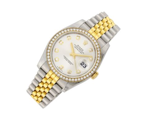 Automatic, round starburst silver-tone dial, diamond markers, sweep seconds, date aperture, aftermarket diamond-set bezel of 