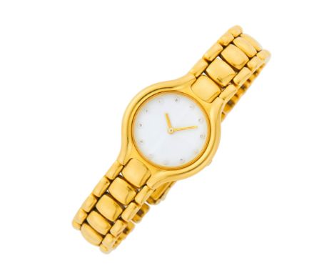 18 kt., quartz, round white dial, diamond markers, case dia. ap. 24.5 mm., cushion-shaped and bar link bracelet with deployan