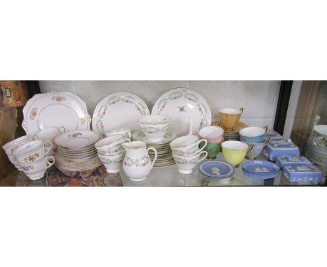 Shelf of china to include Wedgwood