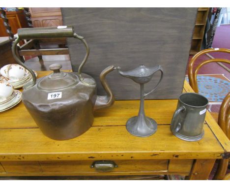Old copper kettle, lamp & tankard