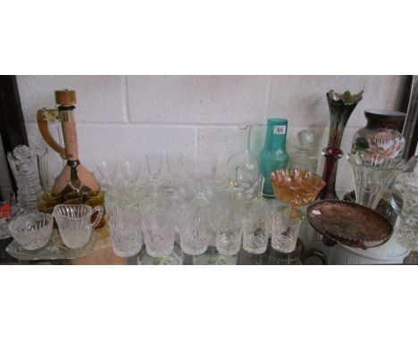 Shelf of glass to include cut glass whiskey tumblers