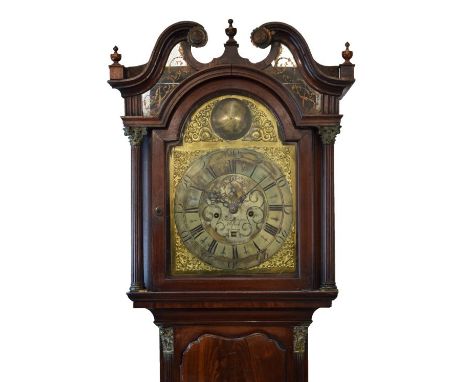 George III mahogany-cased brass dial 8-day longcase clock, Thomas Morgan, Aldford, the 12-inch break-arch brass dial having a