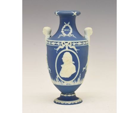 Early 20th Century Wedgwood dark blue jasperware baluster shaped vase commemorating the centenary of the death of Lord Nelson