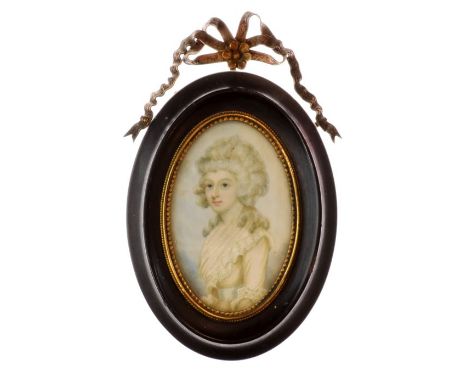 19th Century French School - Oval miniature - Portrait of a lady wearing a cream dress with a lace collar, unsigned, 8cm x 5c