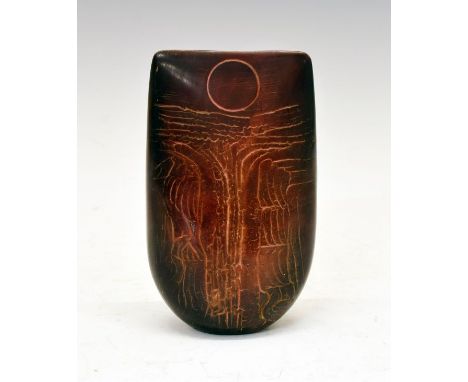 Peter Hayes red burnished studio pottery axe head sculpture, the underside with incised signature and dated '92, 18.25cm high