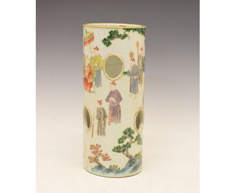 Chinese Famille Rose porcelain reticulated brush pot having allover decoration depicting figures in a garden, Daoguang seal m