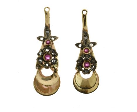 Pair of ruby and rose cut diamond Continental earrings, with control marks, approx 7.9g gross  Condition: Both stamped 14K an