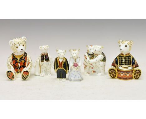 Group of six Royal Crown Derby bear paperweights, comprising: 'Drummer Teddy' (Govier's of Sidmouth 1999 Teddy Paperweight), 