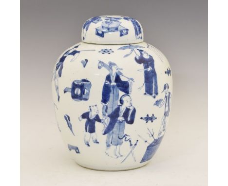 Chinese ovoid jar and cover having blue and white painted decoration depicting street entertainers and other figures, the und