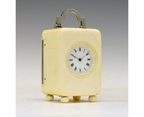 Early 20th Century ivory-cased miniature carriage clock, having a 3cm white Roman dial with Breguet moon hands, the back-woun